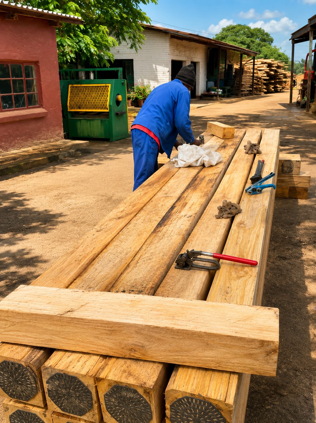Bewerking van eucalyptus balken voor Boma Beach op Réunion