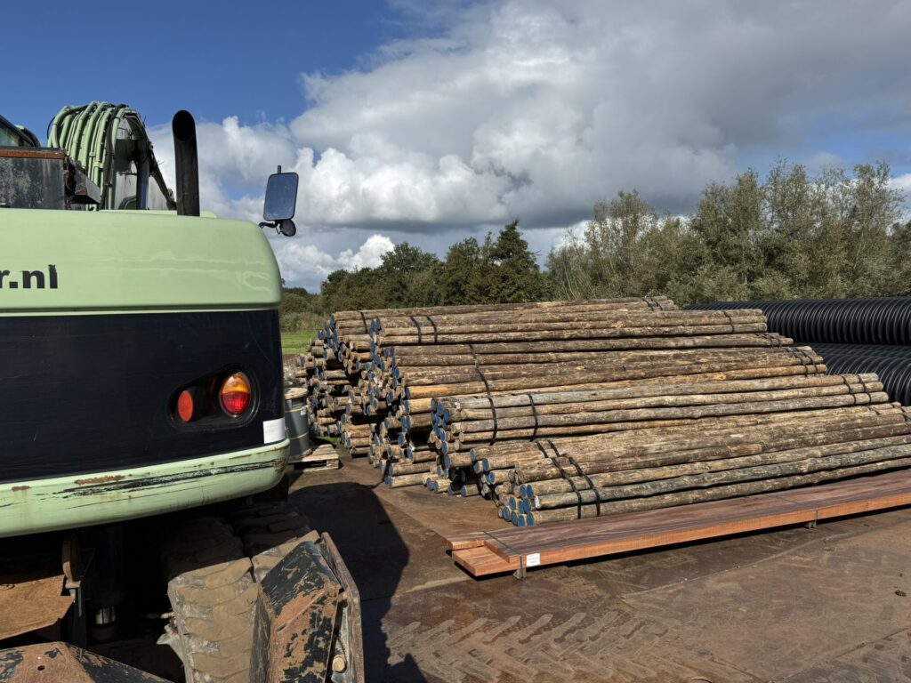 Bundels eucalyptus cloeziana palen op de bouwplaats, Waterschap Scheldestromen